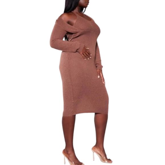 Pretty Little Thing NWT Plus Chocolate Halter neck Knitted Midi Dress Size XXXL - Picture 2 of 4